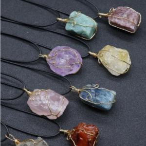Rough Stone Jewelry Wire Wrapped Pendant Necklace Irregular Raw Crystals Tumbled Stones